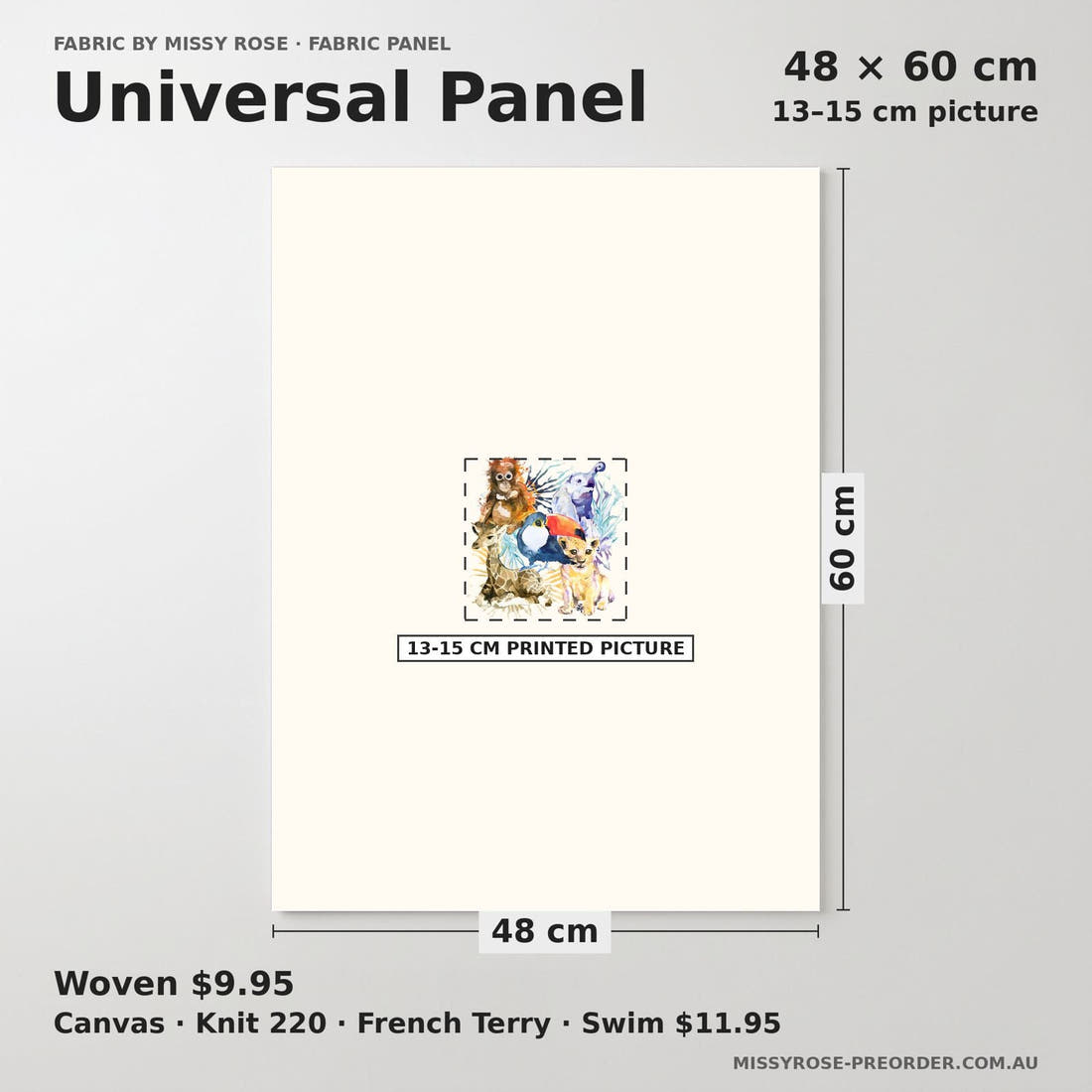 Design 1021 Safari Animal Panel universal panel sizing – 13–15 cm printed picture on 48 × 60 cm fabric | Fabric by Missy Rose