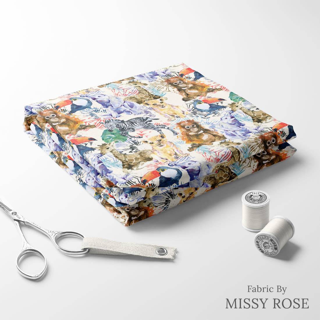 Design 1021 Safari Animal Fabric folded fabric stack with matching thread – pre-order fabric Australia | Fabric by Missy Rose