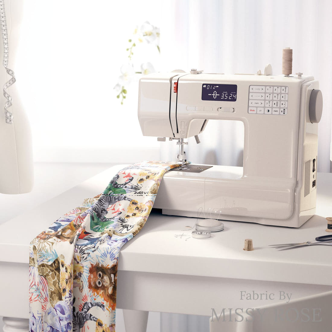 Design 1021 Safari Animal Fabric on a sewing machine – premium fabric for sewing projects | Fabric by Missy Rose