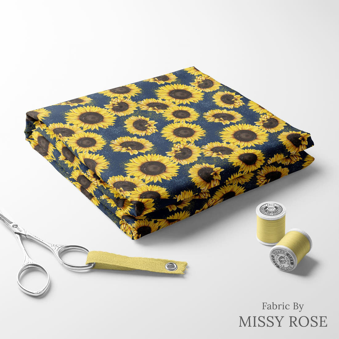 Design 1022 Sunflower Fabric folded fabric stack with matching thread – pre-order fabric Australia | Fabric by Missy Rose