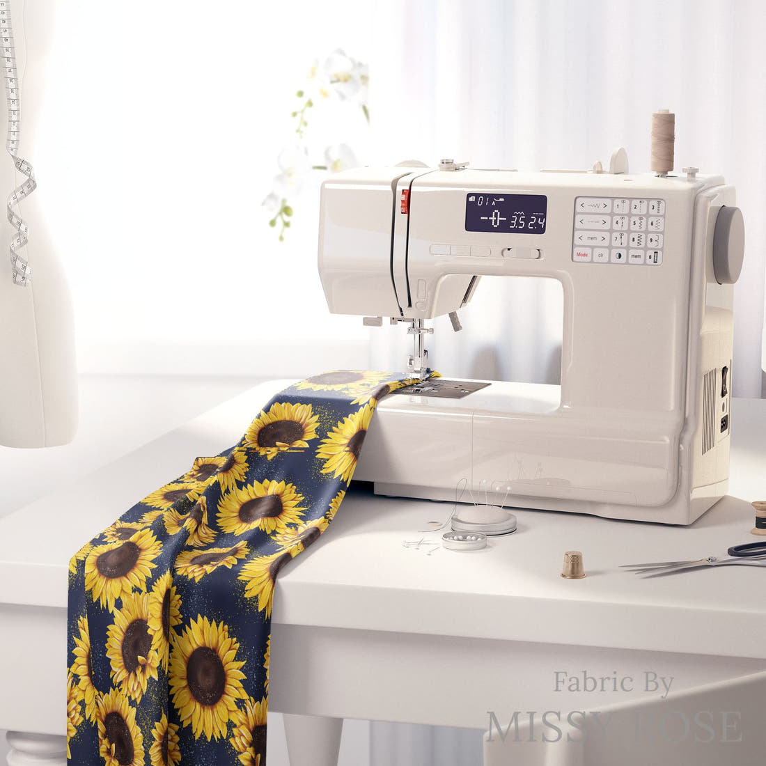 Design 1022 Sunflower Fabric on a sewing machine – premium fabric for sewing projects | Fabric by Missy Rose