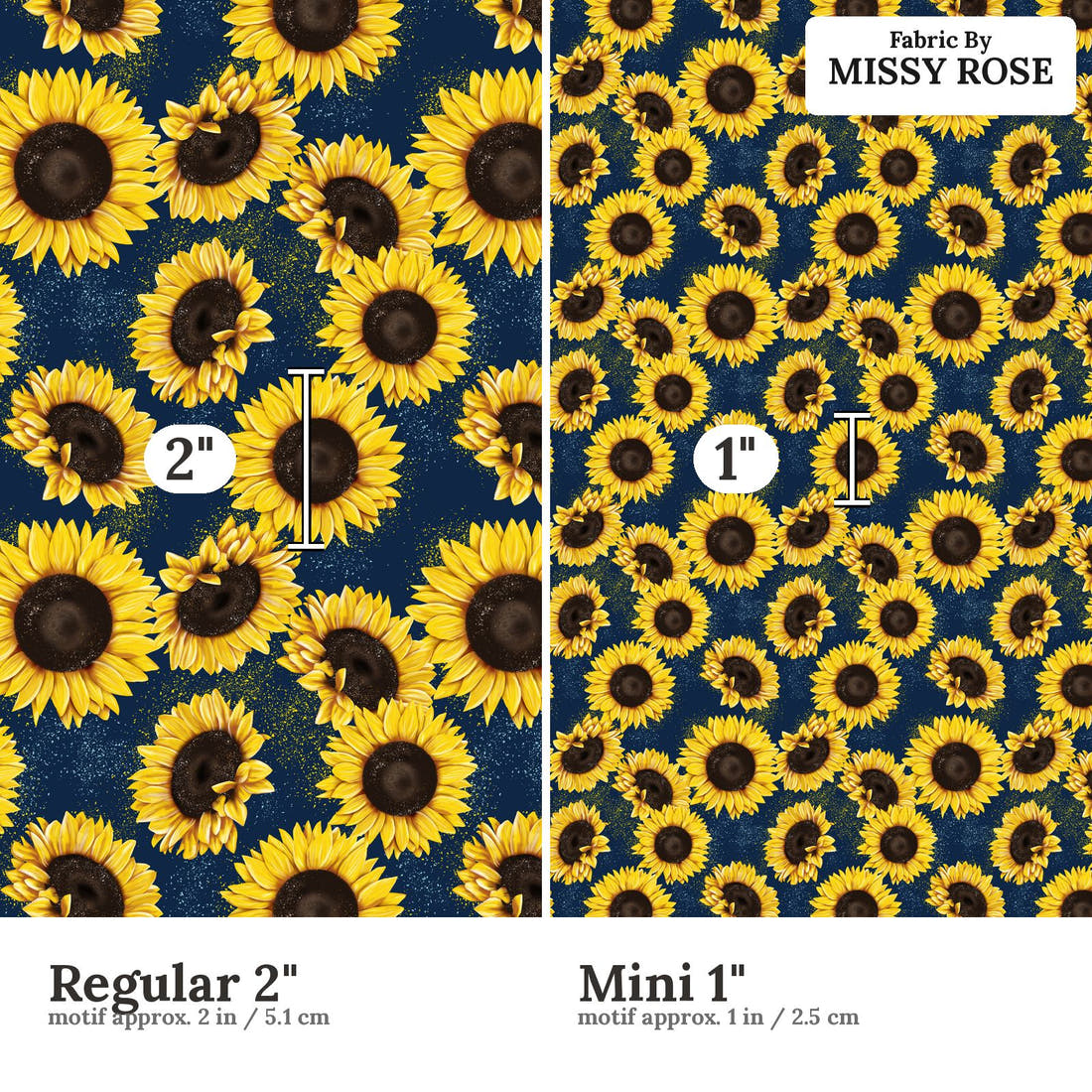 Design 1022 Sunflower Fabric Regular 2 inch vs Mini 1 inch print scale side by side | Fabric by Missy Rose