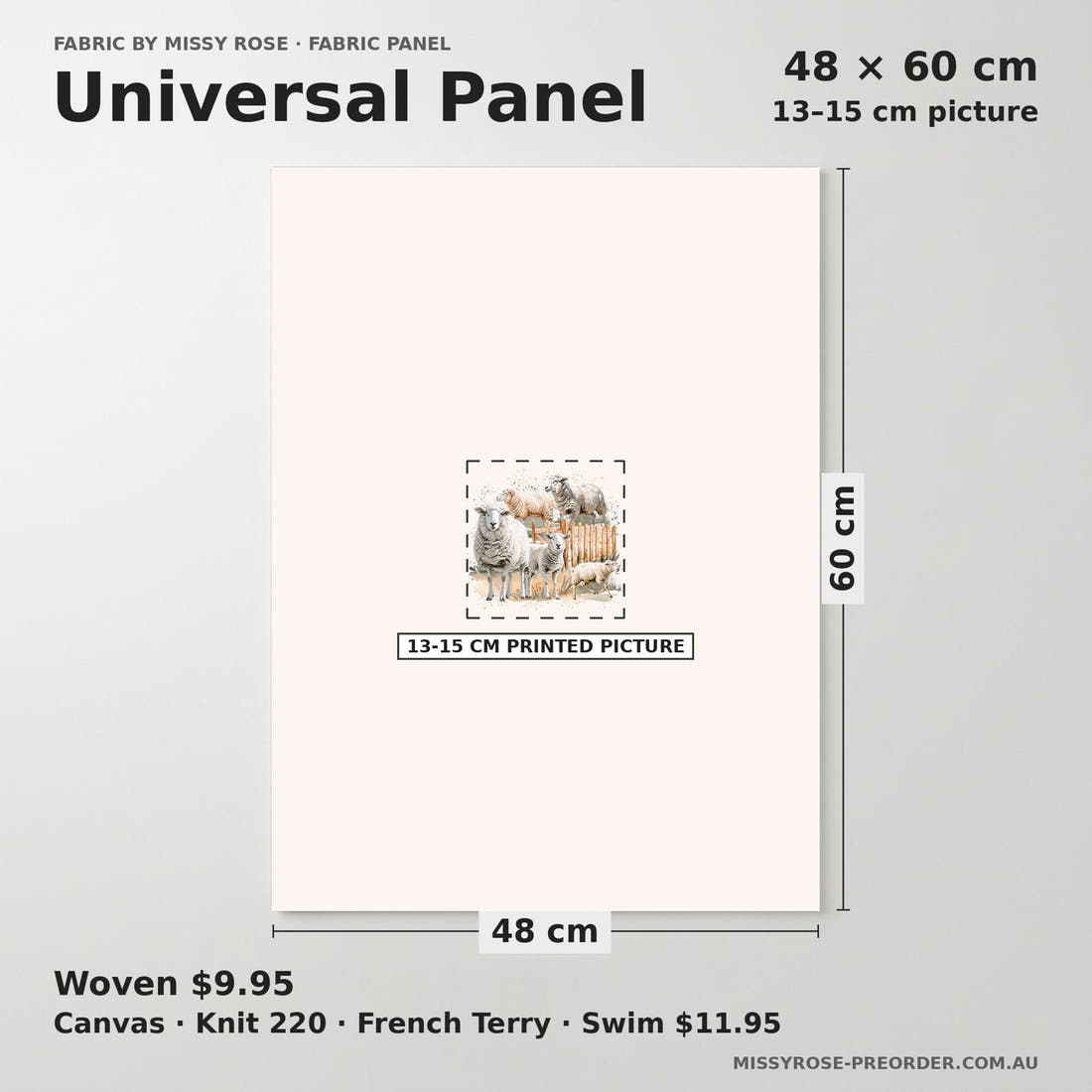 Design 1023 Sheep Panel universal panel sizing – 13–15 cm printed picture on 48 × 60 cm fabric | Fabric by Missy Rose