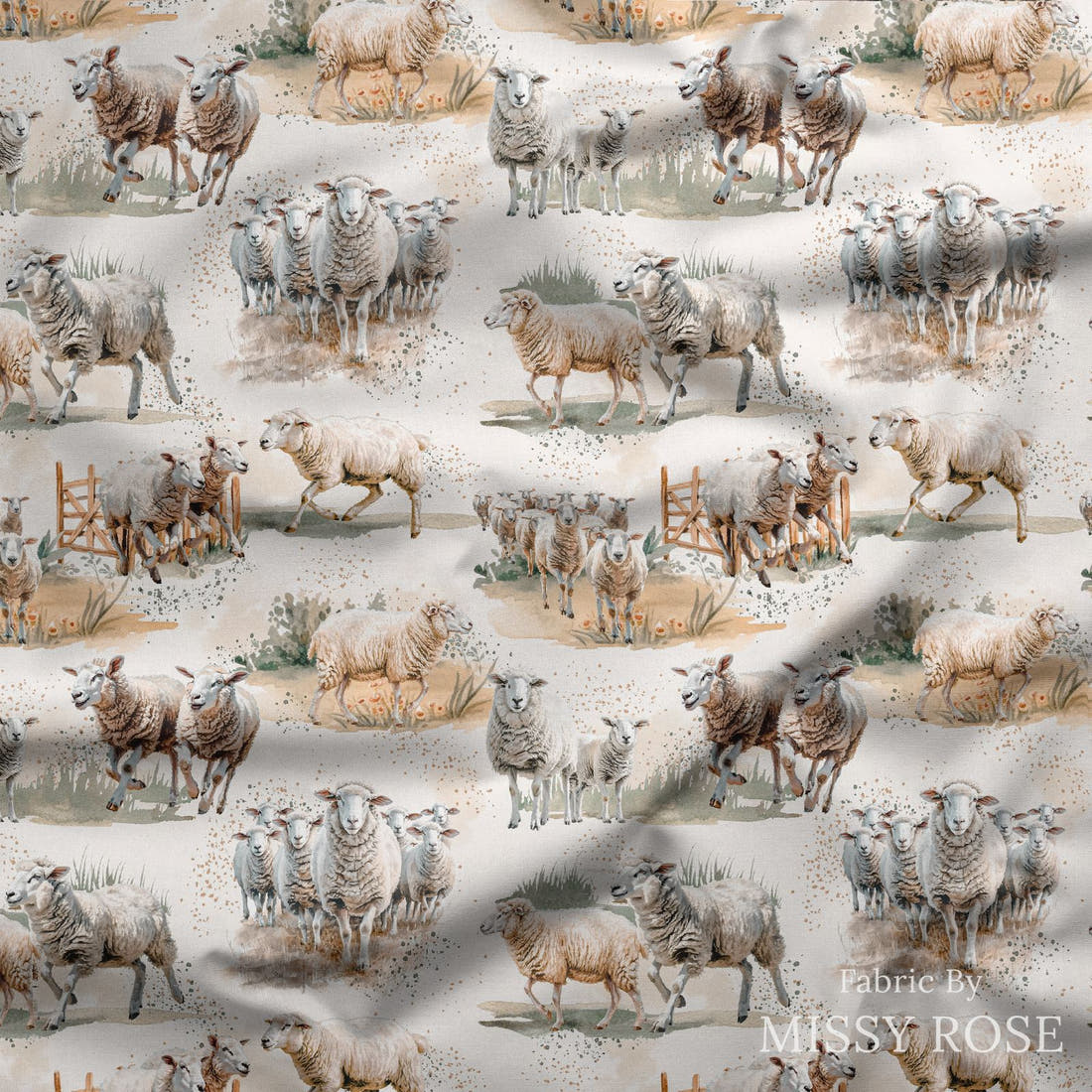 Design 1023 Sheep Fabric draped fabric mockup – custom printed fabric by the metre | Fabric by Missy Rose