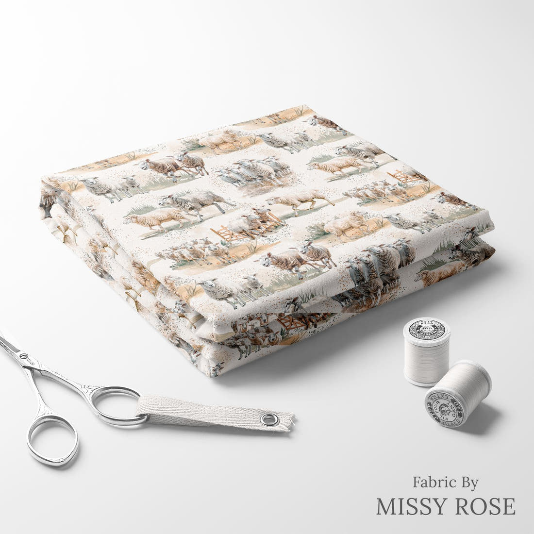 Design 1023 Sheep Fabric folded fabric stack with matching thread – pre-order fabric Australia | Fabric by Missy Rose