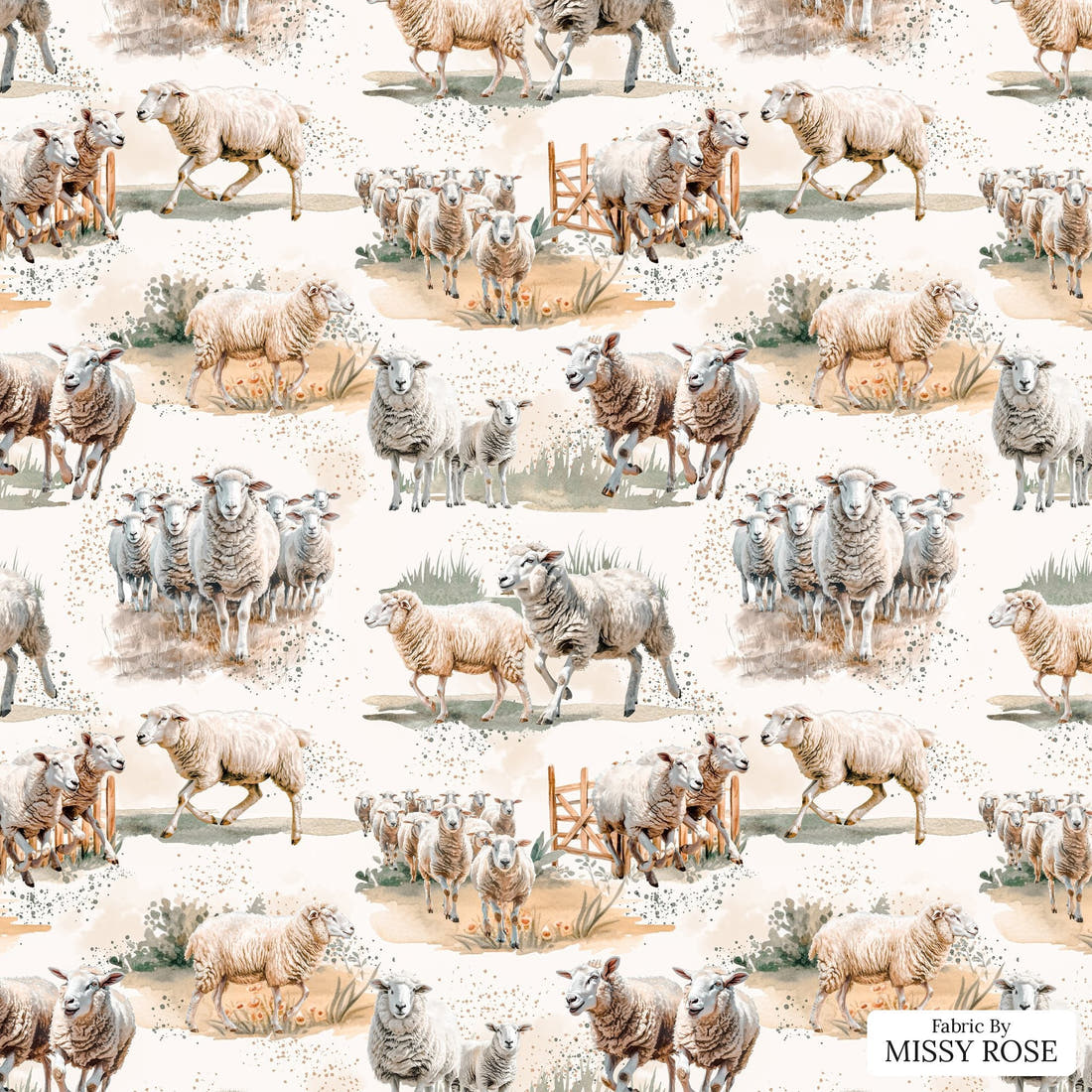 Design 1023 Sheep Fabric – flat view of the print, zoom in for detail | Fabric by Missy Rose