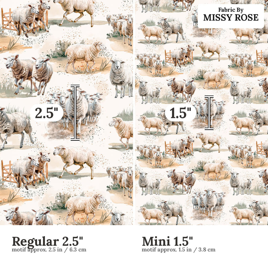 Design 1023 Sheep Fabric Regular 2.5 inch vs Mini 1.5 inch print scale side by side | Fabric by Missy Rose