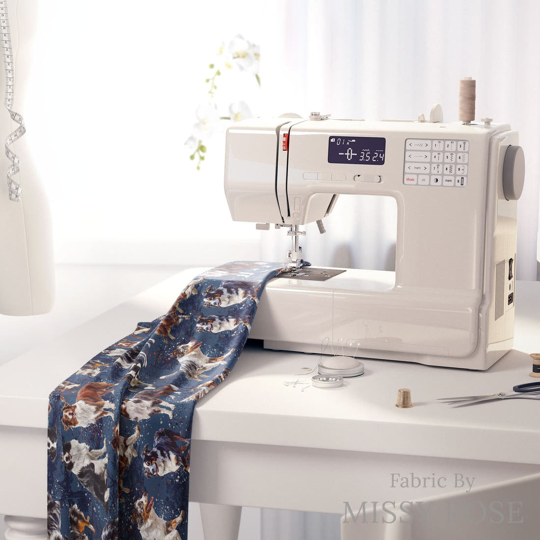 Design 1024 Herding Dogs Fabric on a sewing machine – premium fabric for sewing projects | Fabric by Missy Rose