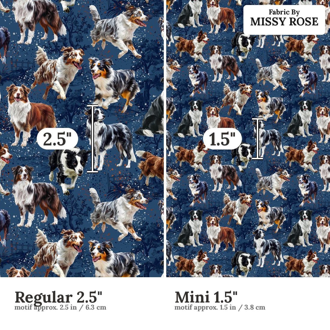 Design 1024 Herding Dogs Fabric Regular 2.5 inch vs Mini 1.5 inch print scale side by side | Fabric by Missy Rose