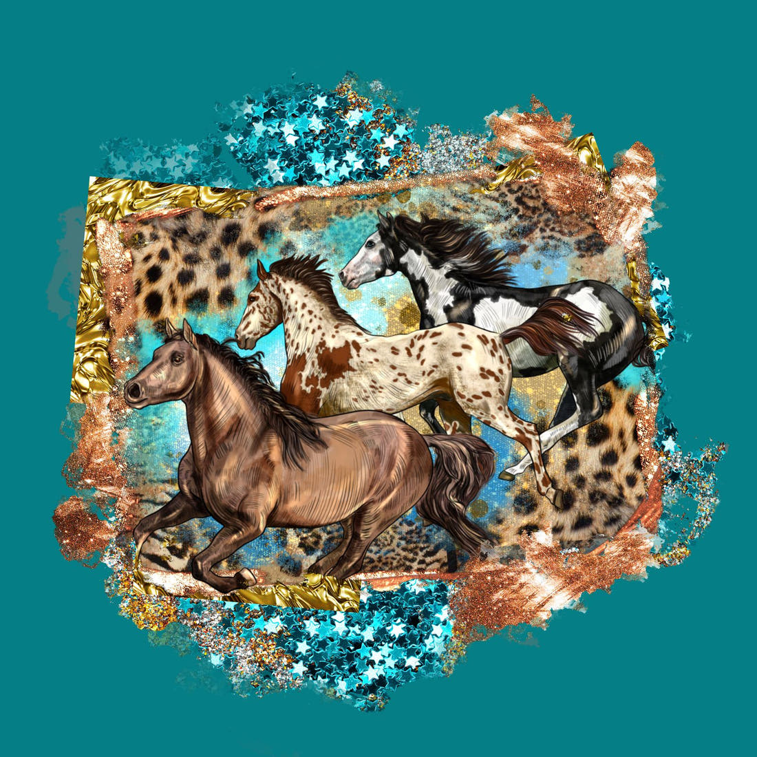 Design 1025 Teal Horses Panel – full artwork close-up of the printed picture | Fabric by Missy Rose