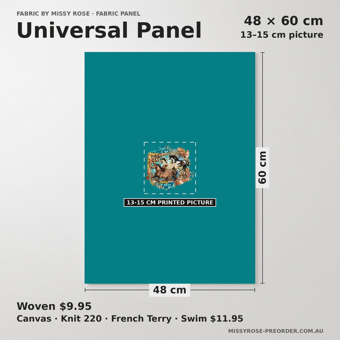 Design 1025 Teal Horses Panel universal panel sizing – 13–15 cm printed picture on 48 × 60 cm fabric | Fabric by Missy Rose