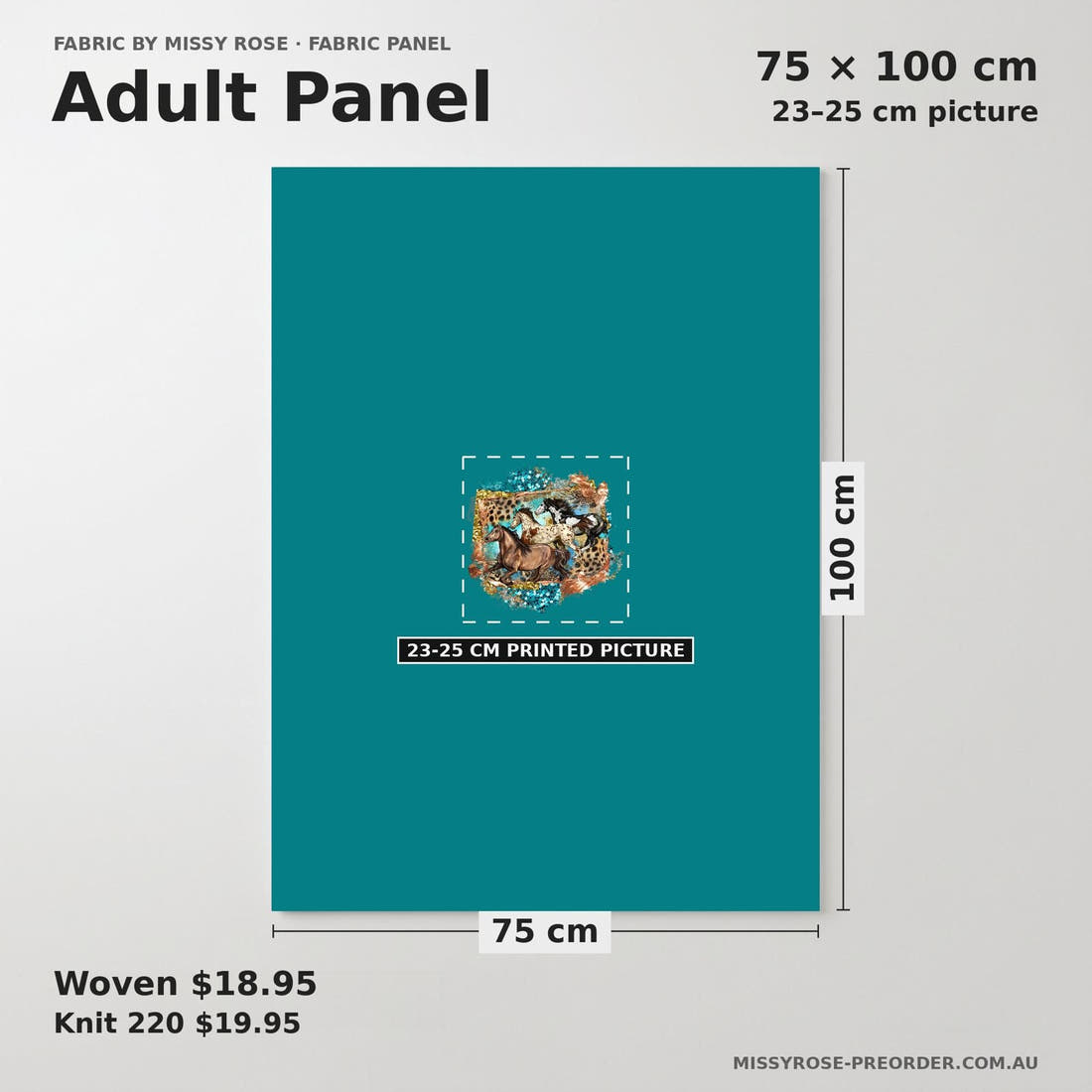 Design 1025 Teal Horses Panel adult panel sizing – 23–25 cm printed picture on 75 × 100 cm fabric | Fabric by Missy Rose