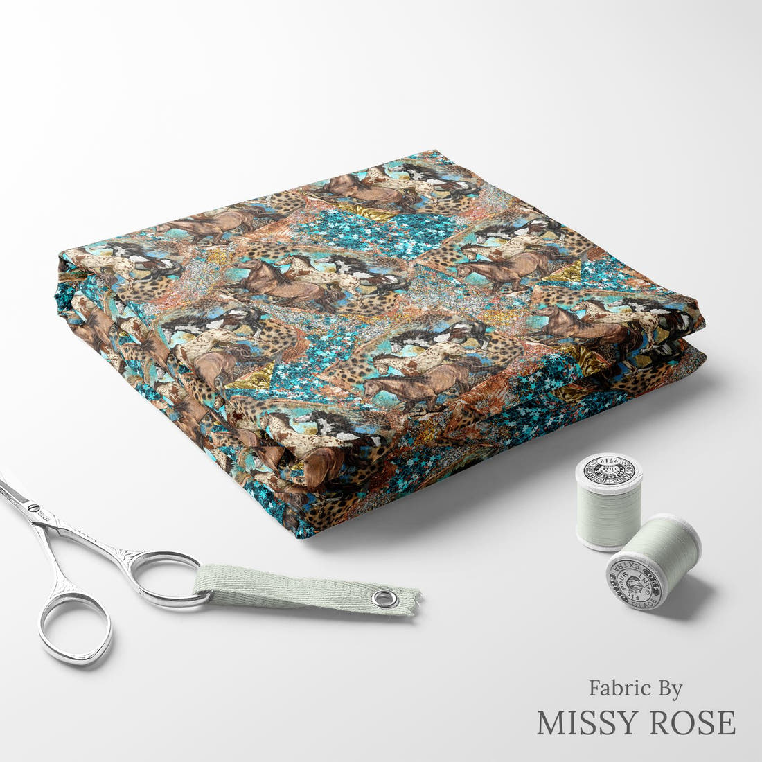 Design 1025 Teal Horses Fabric folded fabric stack with matching thread – pre-order fabric Australia | Fabric by Missy Rose