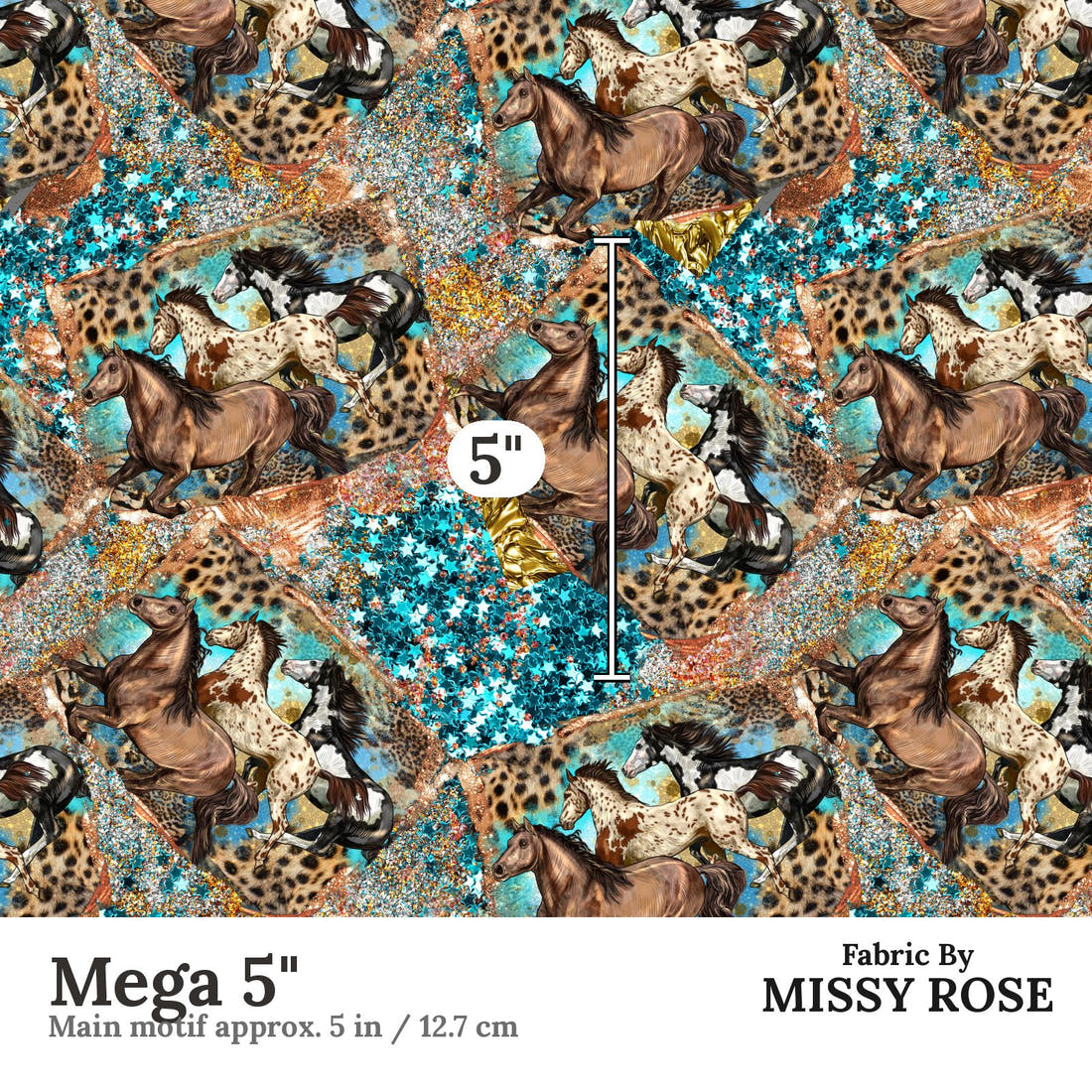Design 1025 Teal Horses Fabric Mega 5 inch print scale guide | Fabric by Missy Rose