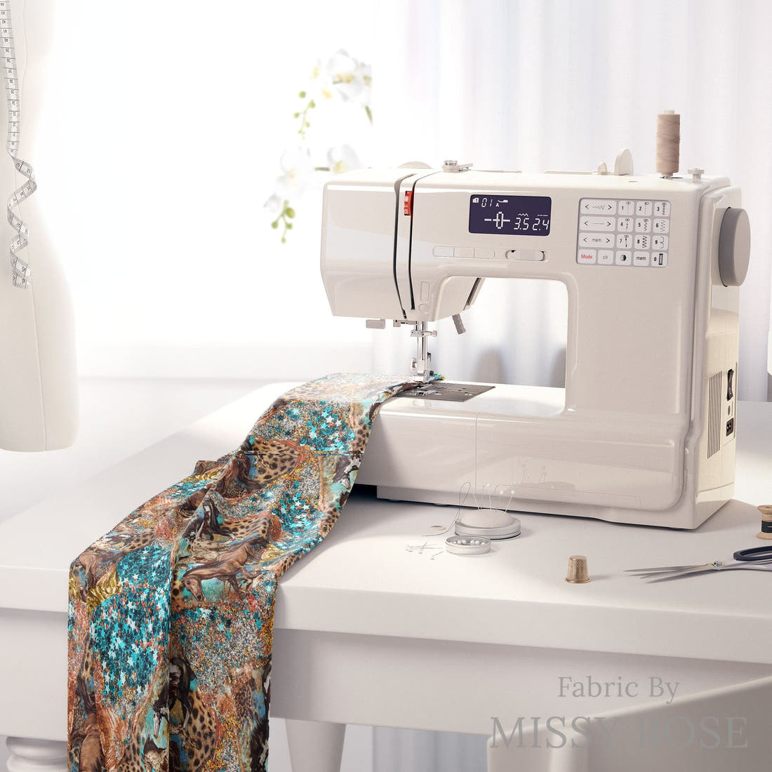 Design 1025 Teal Horses Fabric on a sewing machine – premium fabric for sewing projects | Fabric by Missy Rose