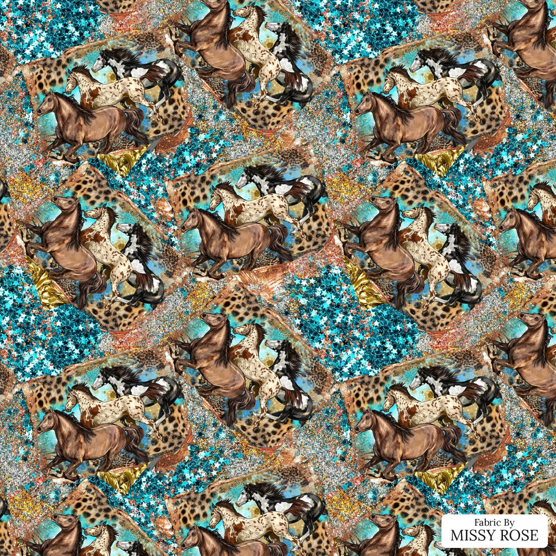 Design 1025 Teal Horses Fabric – flat view of the print, zoom in for detail | Fabric by Missy Rose