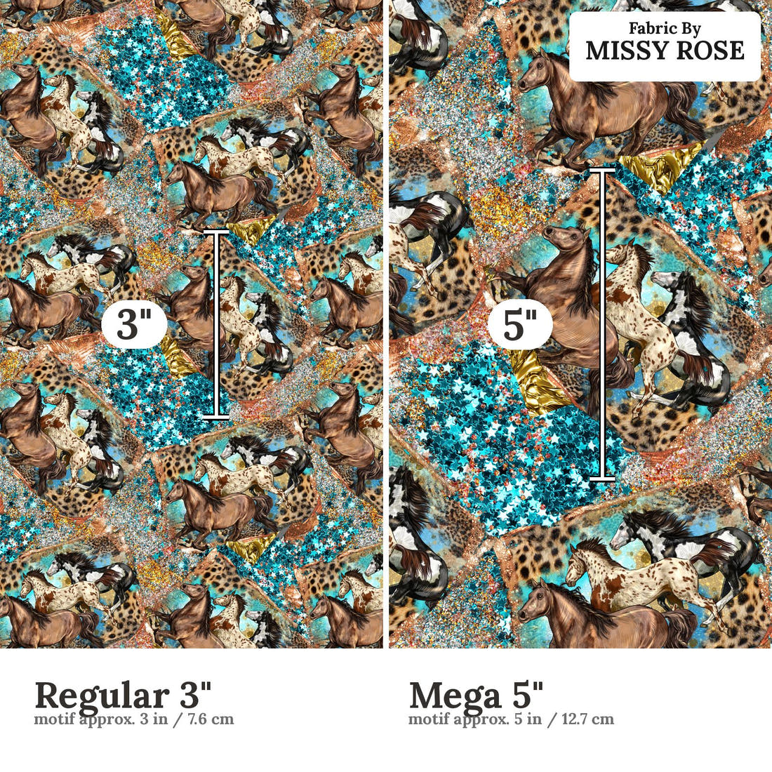 Design 1025 Teal Horses Fabric Regular 3 inch vs Mega 5 inch print scale side by side | Fabric by Missy Rose