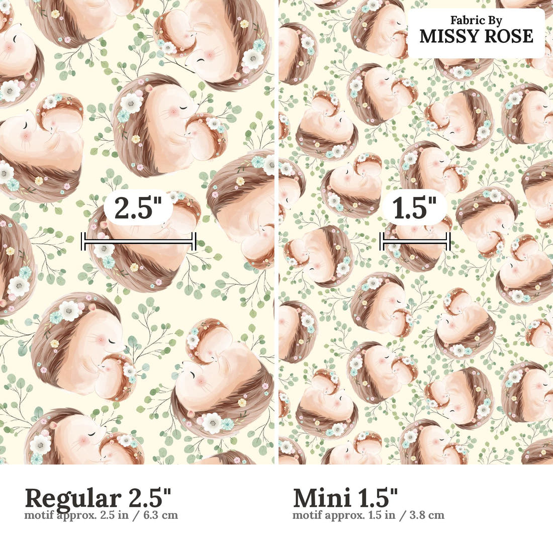 Design 1026 Hedgehog Fabric Regular 2.5 inch vs Mini 1.5 inch print scale side by side | Fabric by Missy Rose