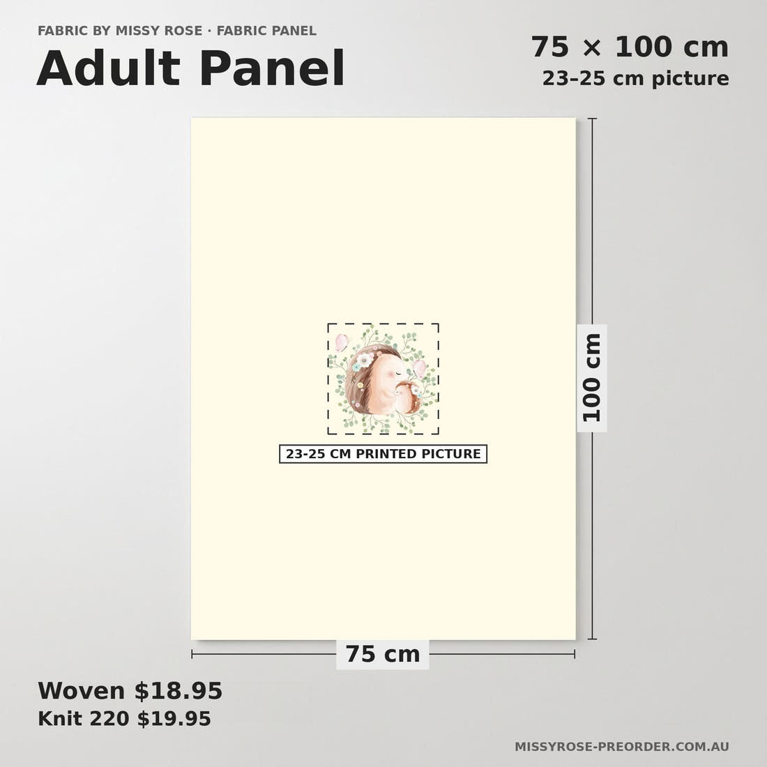 Design 1026 Hedgehog Panel adult panel sizing – 23–25 cm printed picture on 75 × 100 cm fabric | Fabric by Missy Rose