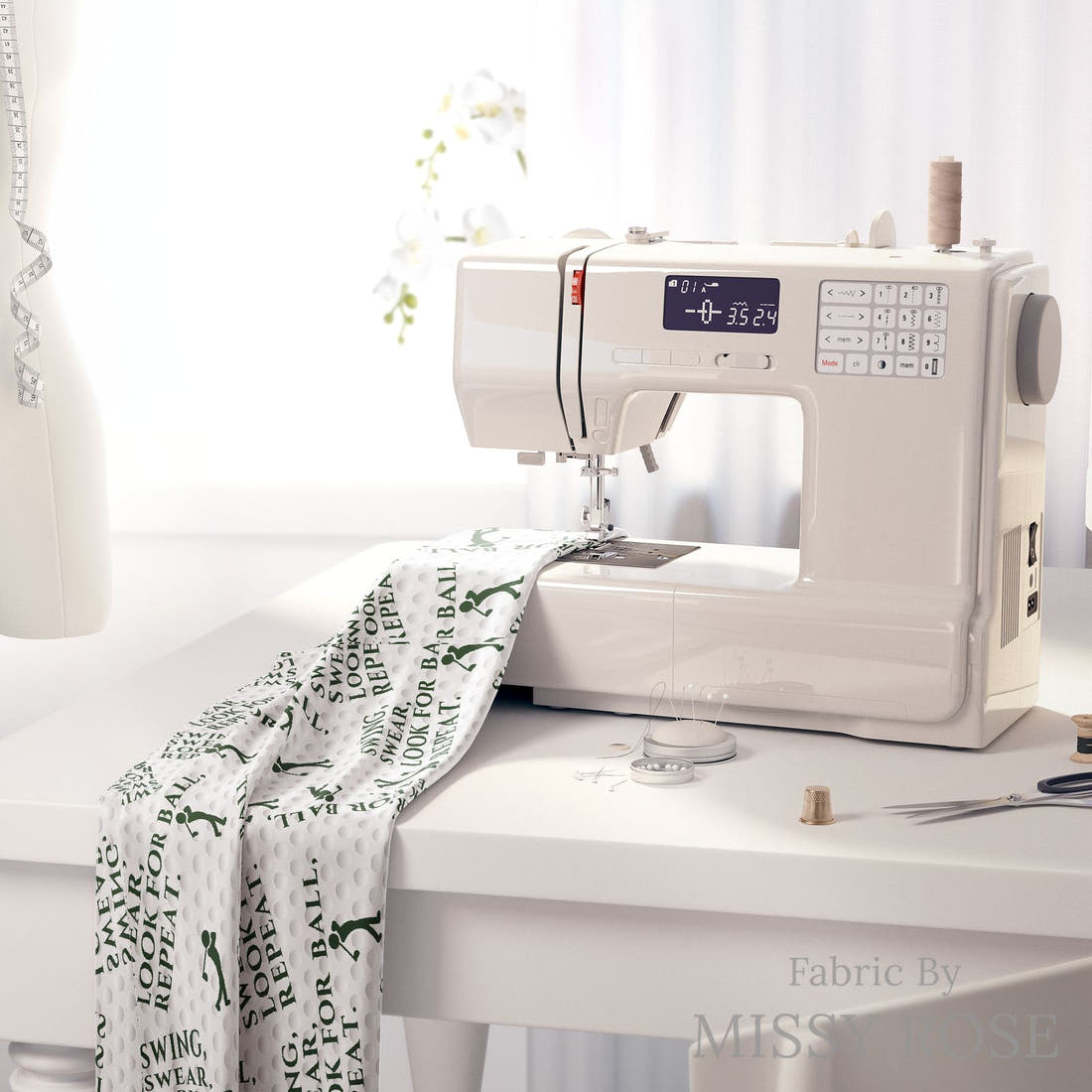 Design 1027 Golf Fabric on a sewing machine – premium fabric for sewing projects | Fabric by Missy Rose