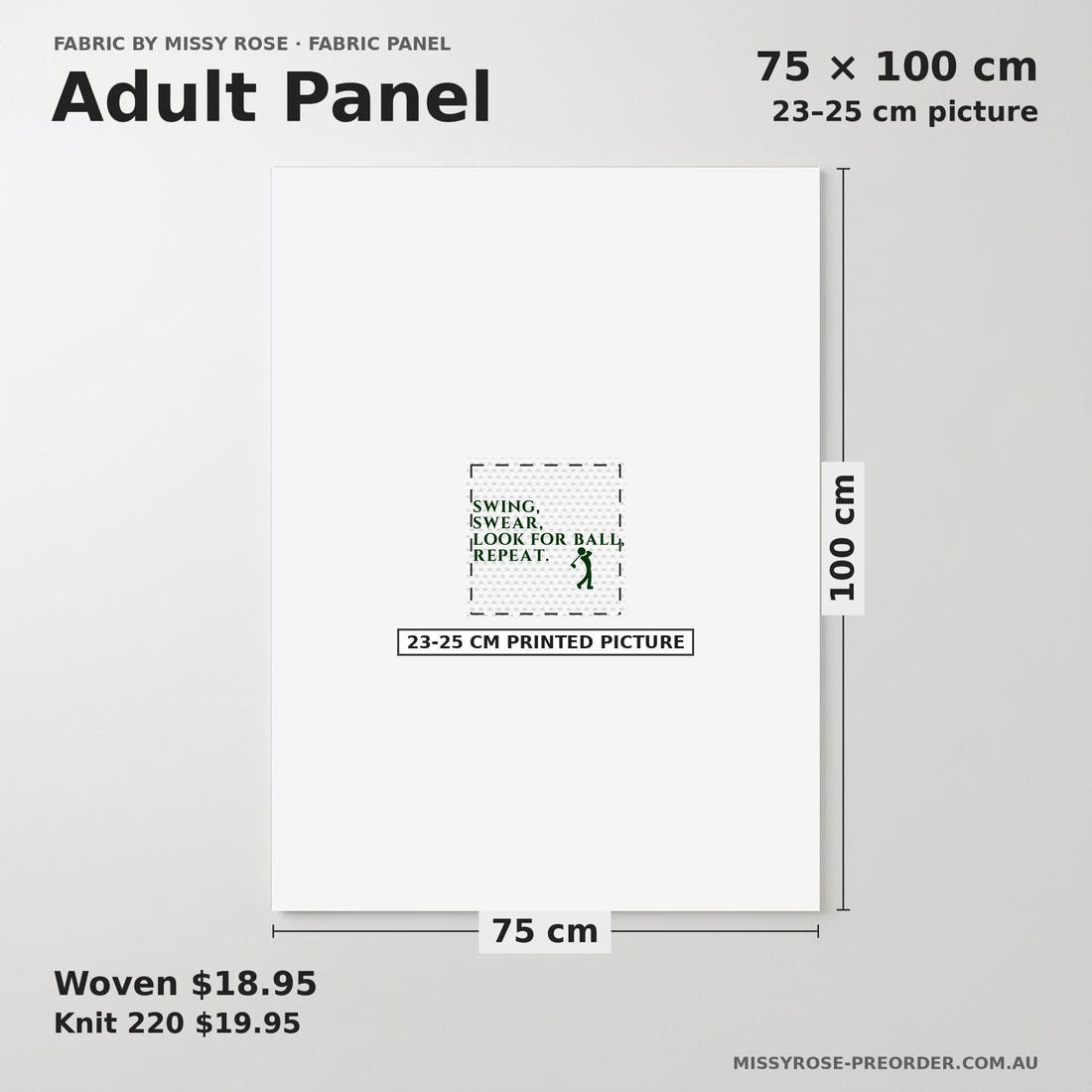 Design 1027 Golf Panel adult panel sizing – 23–25 cm printed picture on 75 × 100 cm fabric | Fabric by Missy Rose