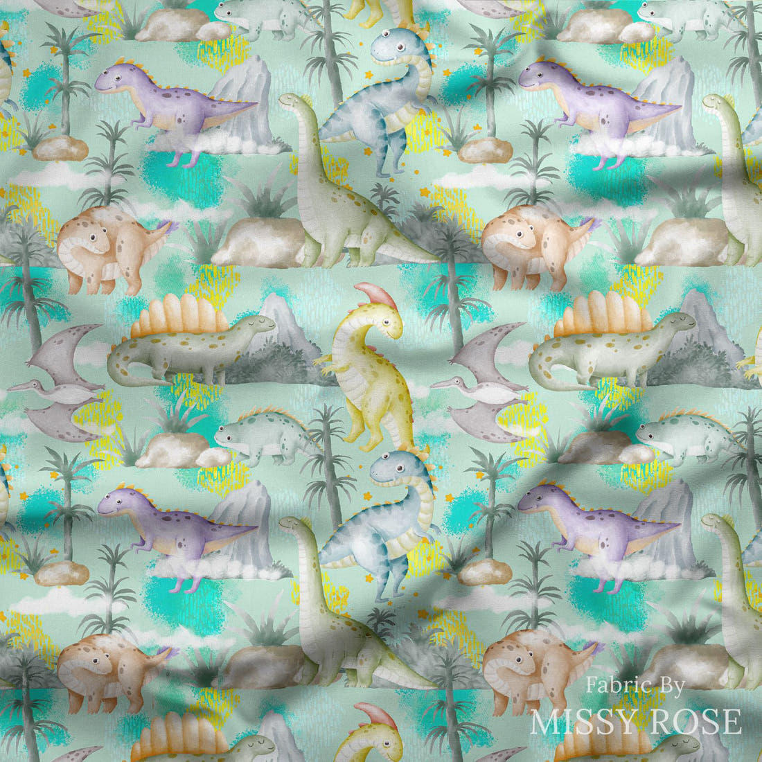 Design 1028 Cute Dino draped fabric mockup – custom printed fabric by the metre | Fabric by Missy Rose