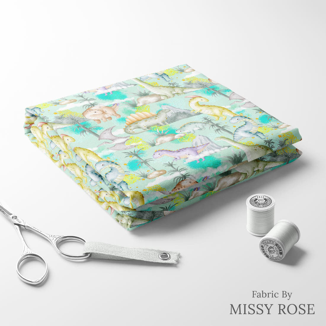 Design 1028 Cute Dino folded fabric stack with matching thread – pre-order fabric Australia | Fabric by Missy Rose