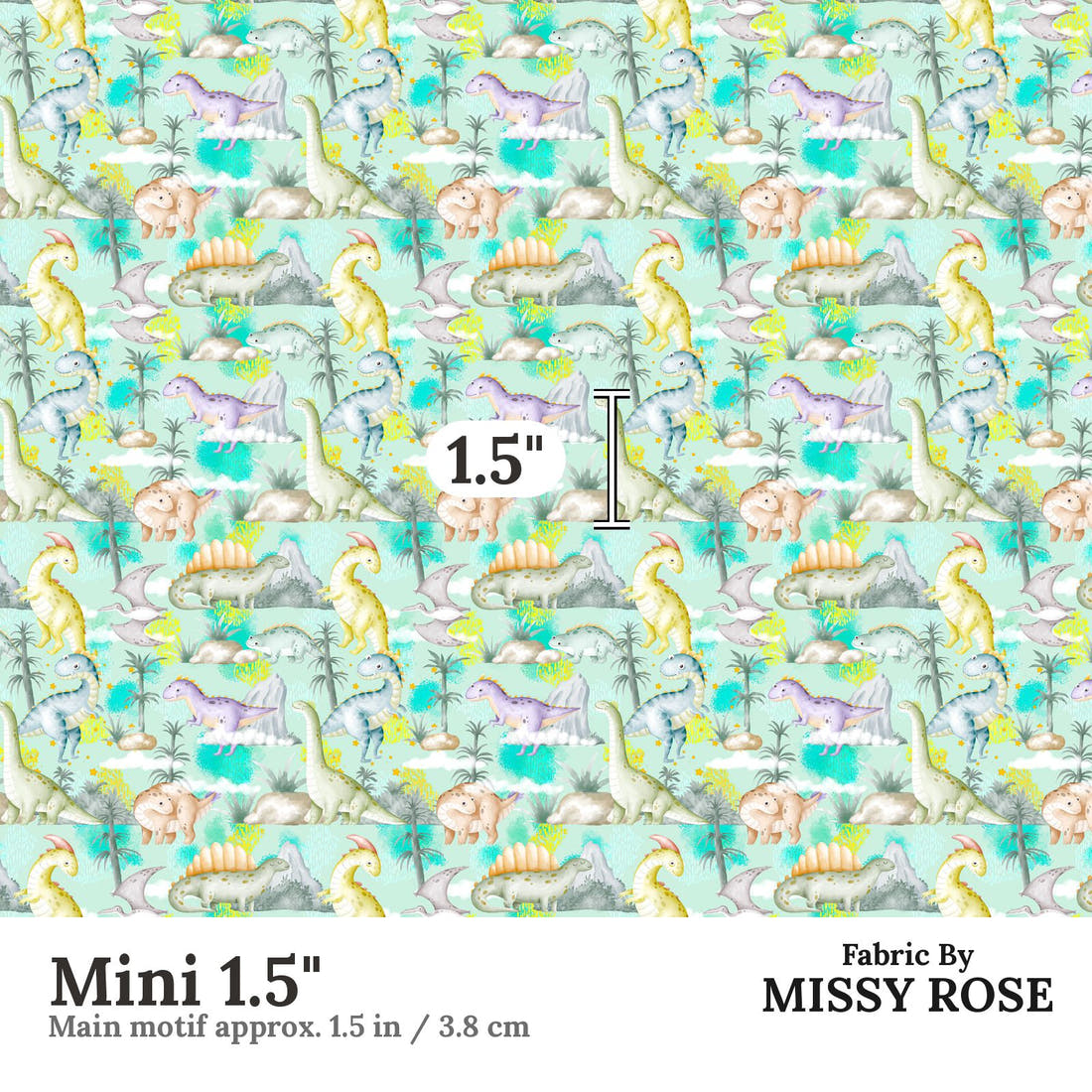 Design 1028 Cute Dino Mini 1.5 inch print scale guide | Fabric by Missy Rose
