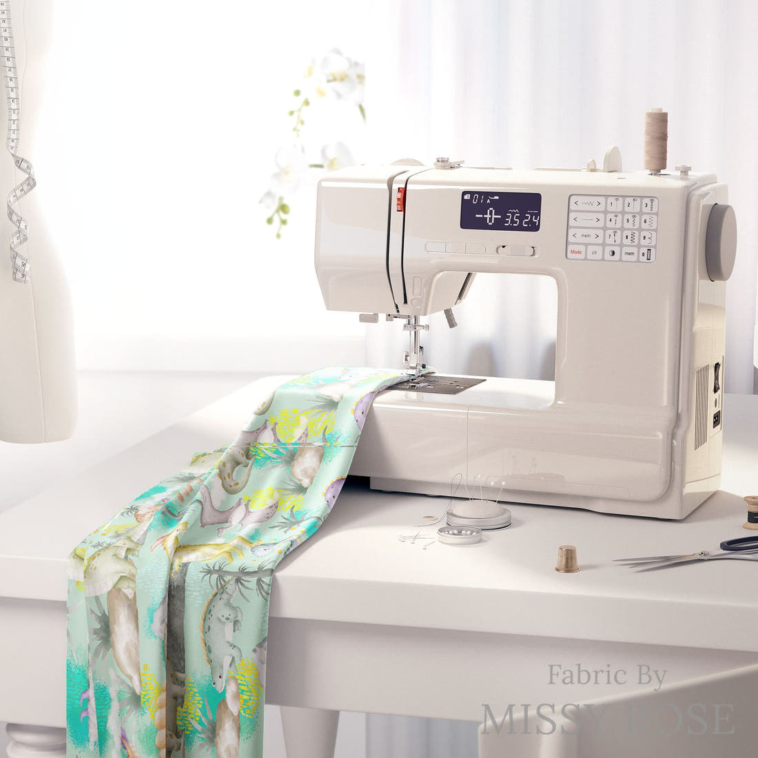 Design 1028 Cute Dino on a sewing machine – premium fabric for sewing projects | Fabric by Missy Rose