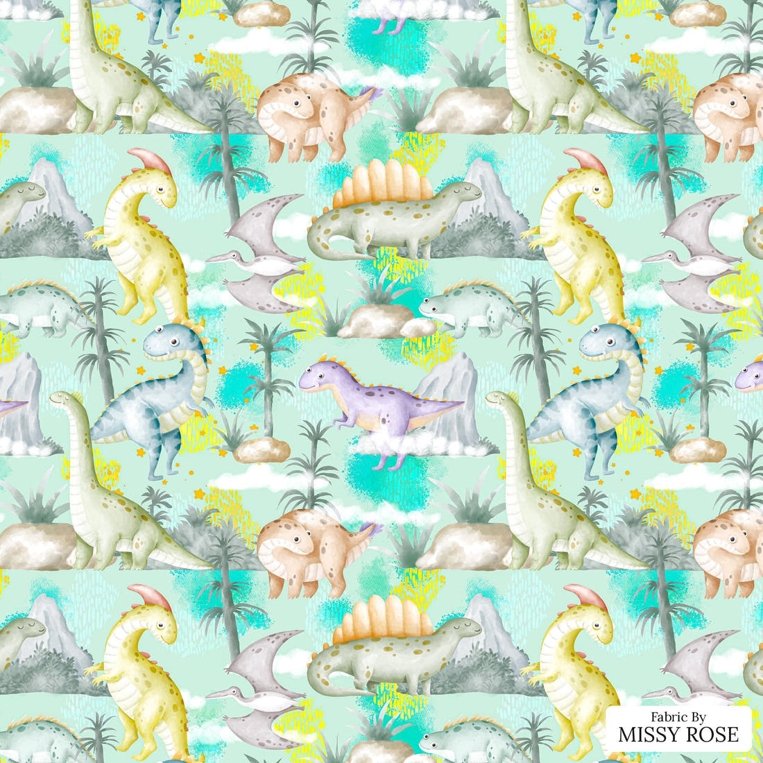 Design 1028 Cute Dino – flat view of the print, zoom in for detail | Fabric by Missy Rose