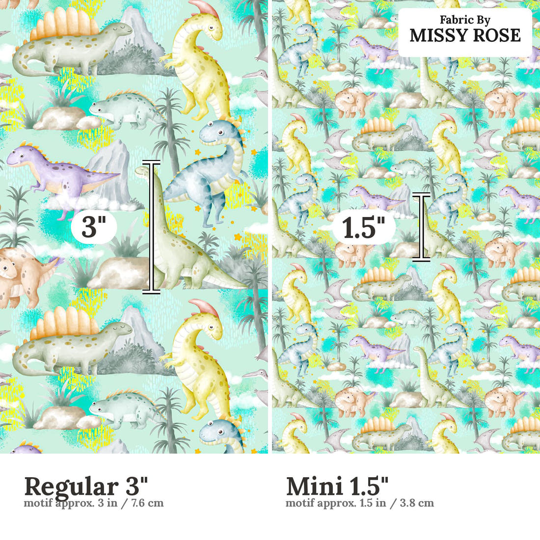 Design 1028 Cute Dino Regular 3 inch vs Mini 1.5 inch print scale side by side | Fabric by Missy Rose