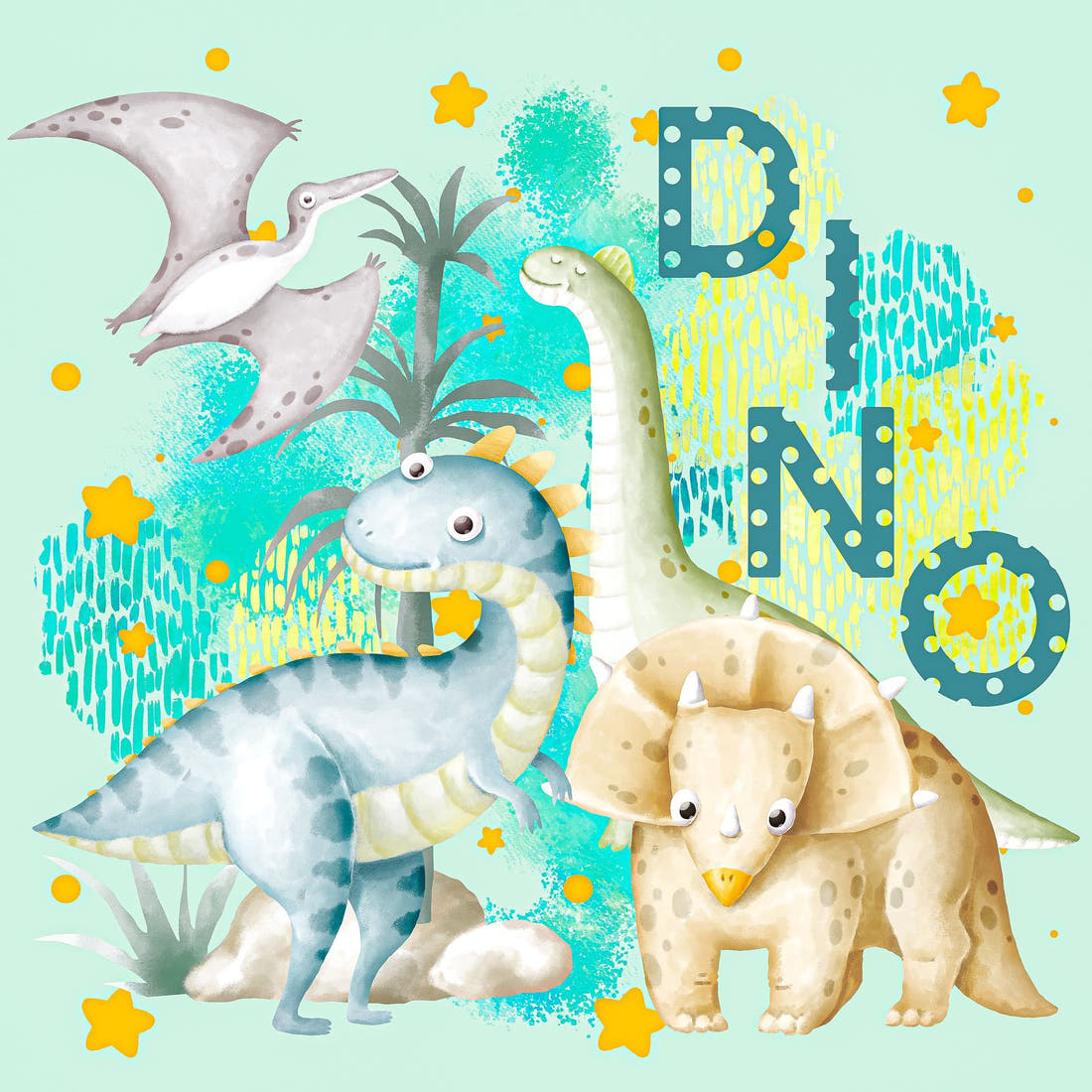 Design 1028 Cute Dino Panel – full artwork close-up of the printed picture | Fabric by Missy Rose