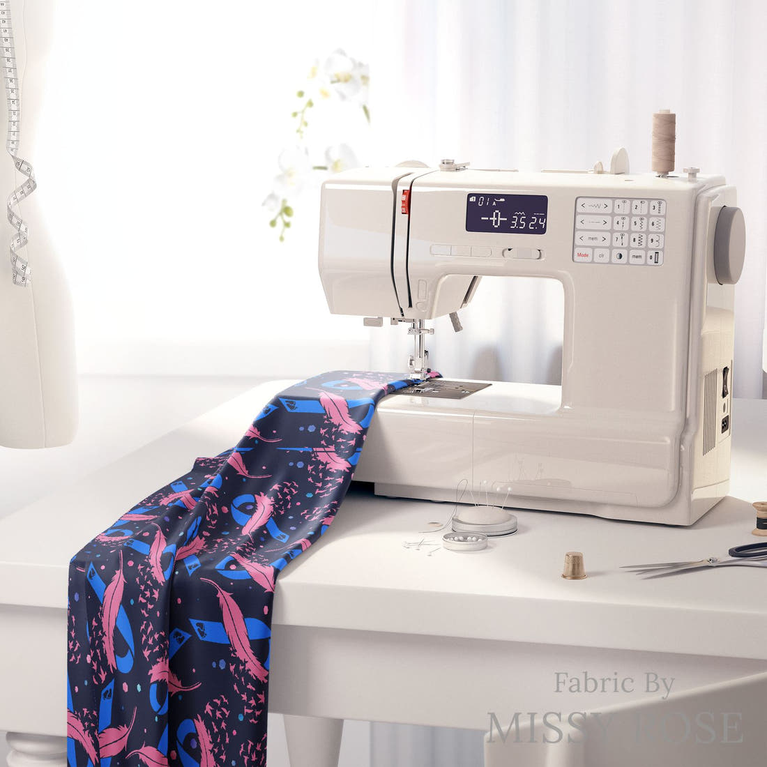 Design 1029 Awareness Fabric on a sewing machine – premium fabric for sewing projects | Fabric by Missy Rose