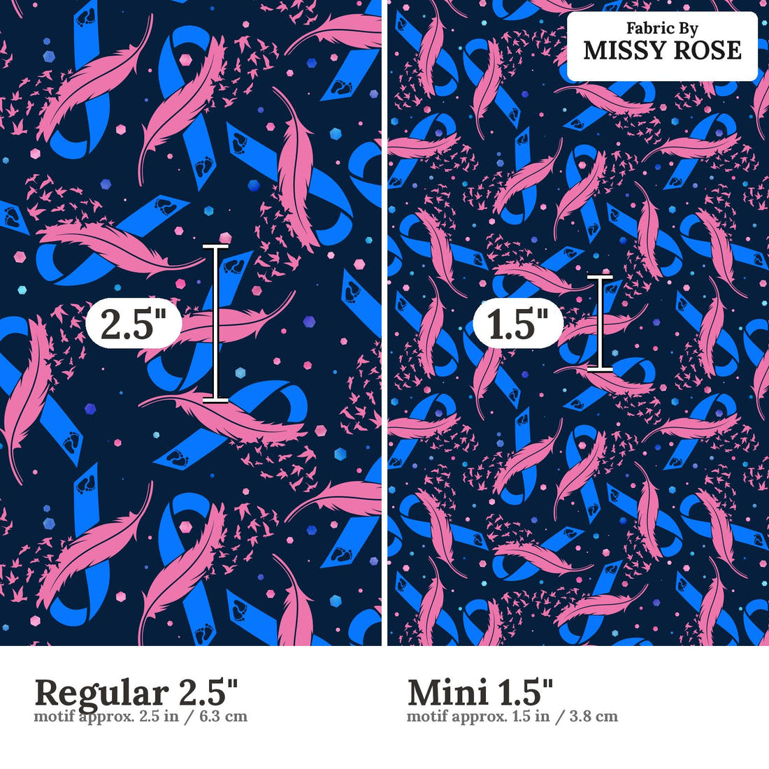 Design 1029 Awareness Fabric Regular 2.5 inch vs Mini 1.5 inch print scale side by side | Fabric by Missy Rose