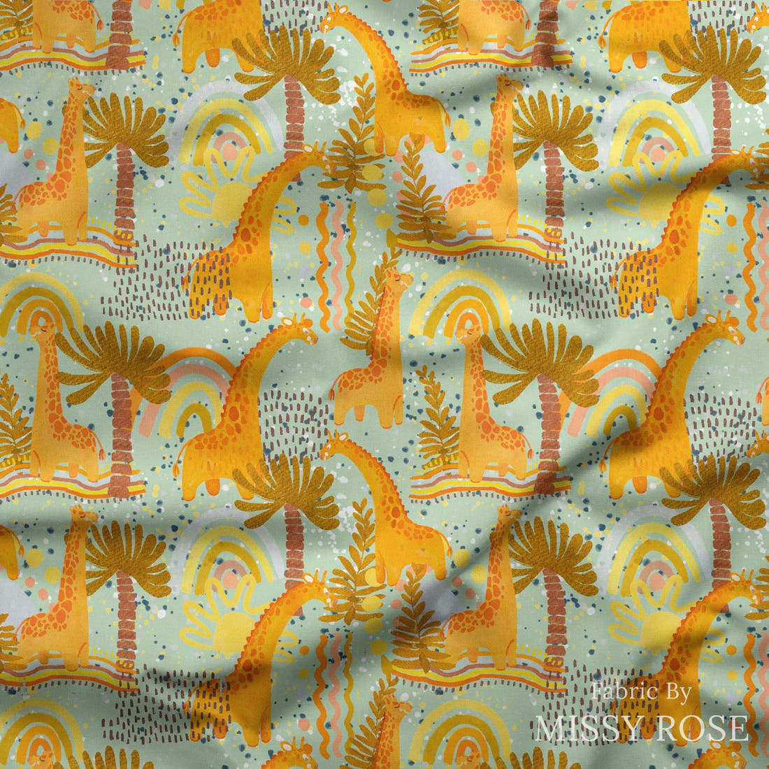 Design 103 Giraffe Fabric draped fabric mockup – custom printed fabric by the metre | Fabric by Missy Rose