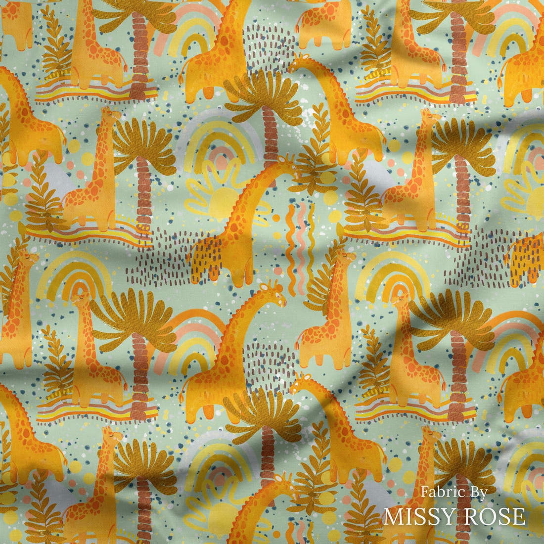 Design 103 Giraffe Fabric draped fabric mockup – custom printed fabric by the metre | Fabric by Missy Rose
