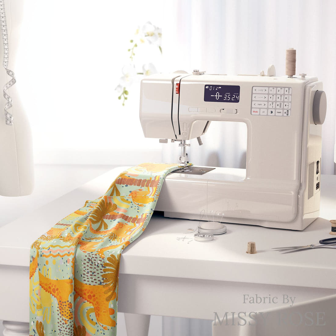 Design 103 Giraffe Fabric on a sewing machine – premium fabric for sewing projects | Fabric by Missy Rose