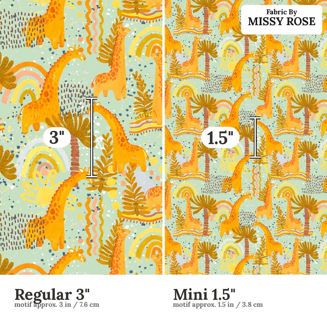 Design 103 Giraffe Fabric size comparison - print scale | Fabric by Missy Rose