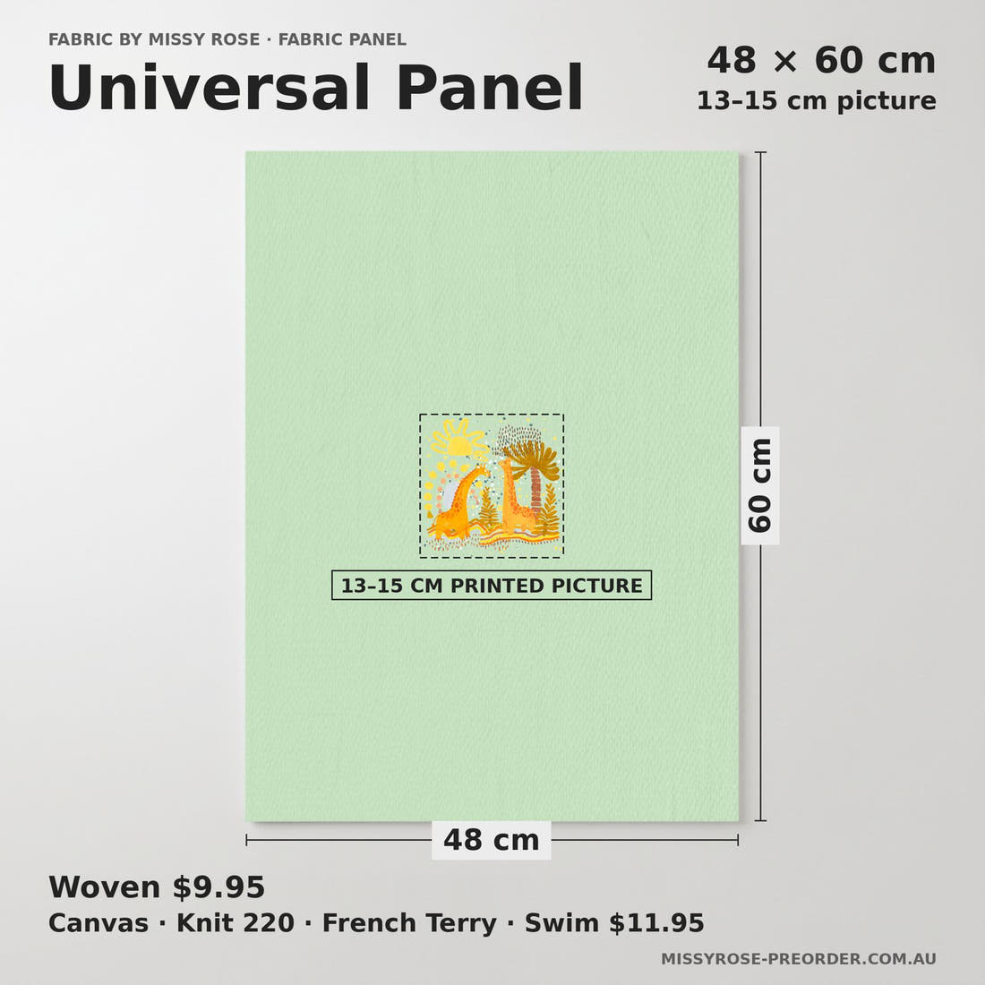 Design 103 Giraffe Panel universal panel sizing – 13–15 cm printed picture on 48 × 60 cm fabric | Fabric by Missy Rose