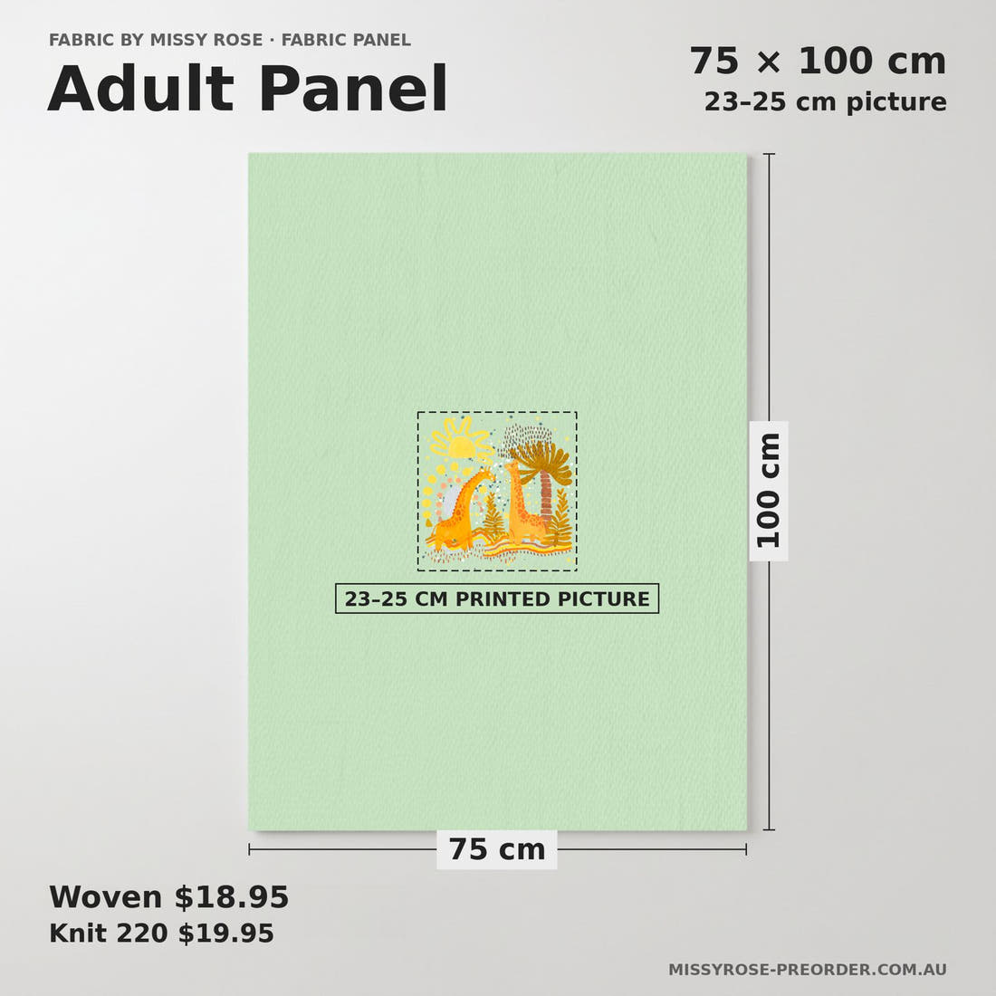 Design 103 Giraffe Panel adult panel sizing – 23–25 cm printed picture on 75 × 100 cm fabric | Fabric by Missy Rose