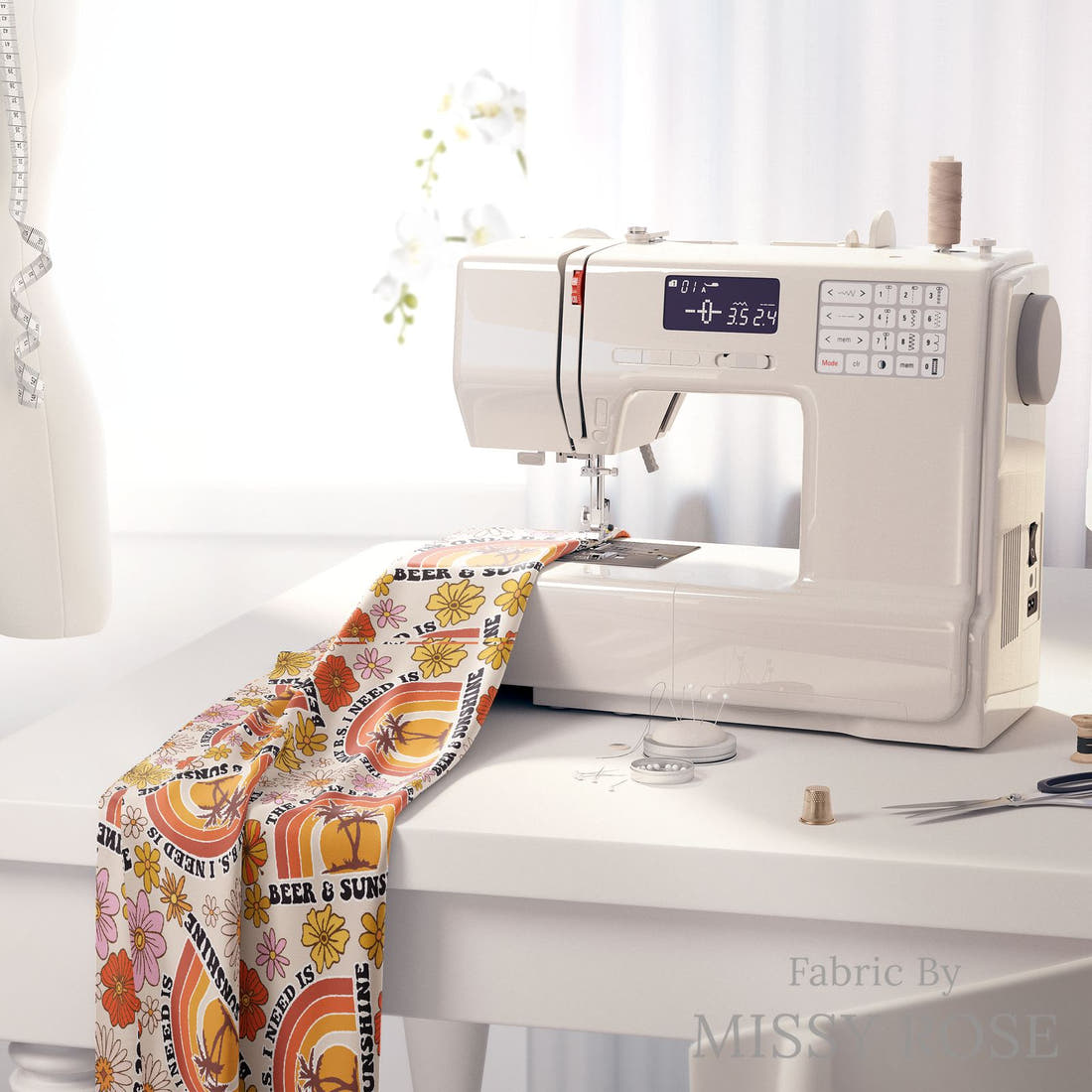 Design 1030 Retro Fabric on a sewing machine – premium fabric for sewing projects | Fabric by Missy Rose