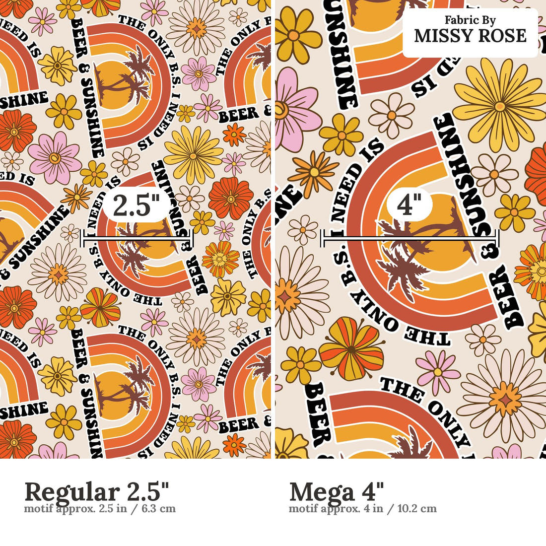 Design 1030 Retro Fabric Regular 2.5 inch vs Mega 4 inch print scale side by side | Fabric by Missy Rose