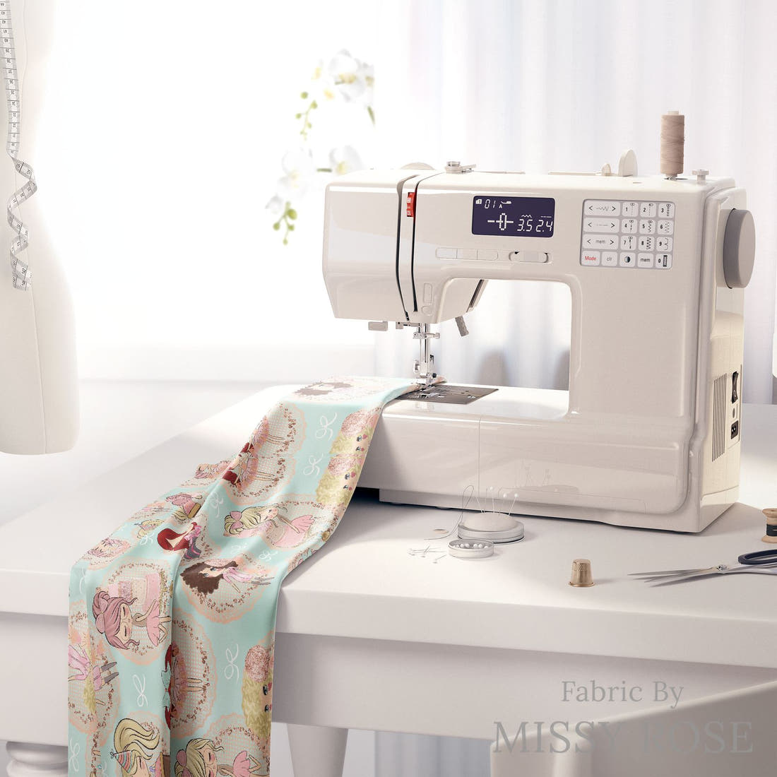 Design 1031 Cute Peeps Fabric on a sewing machine – premium fabric for sewing projects | Fabric by Missy Rose