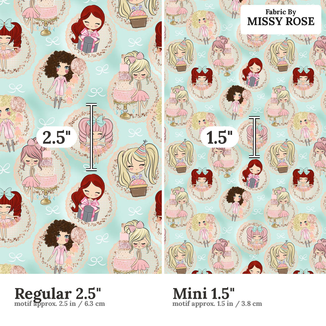 Design 1031 Cute Peeps Fabric Regular 2.5 inch vs Mini 1.5 inch print scale side by side | Fabric by Missy Rose