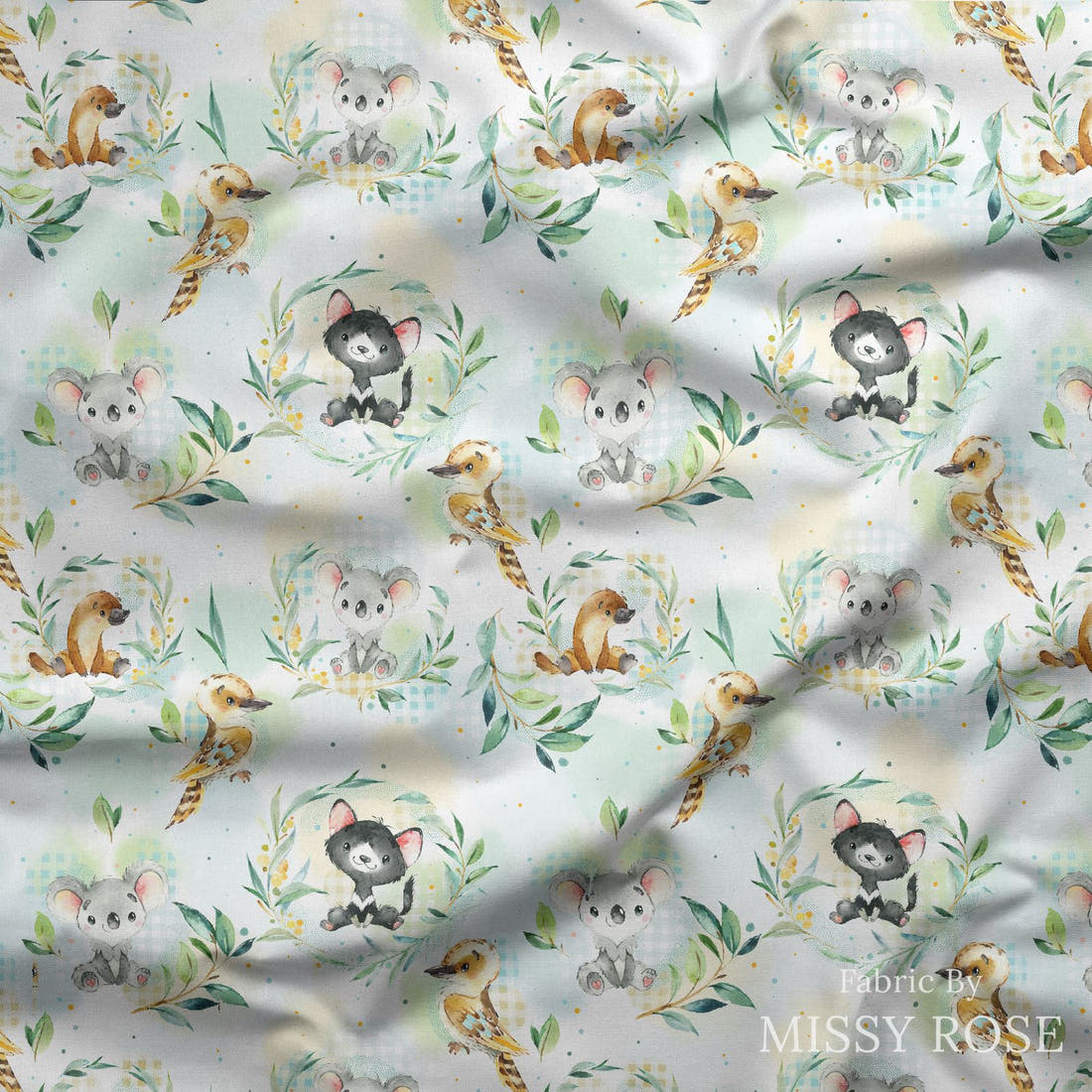 Design 1032 Aussie Babies Fabric draped fabric mockup – custom printed fabric by the metre | Fabric by Missy Rose