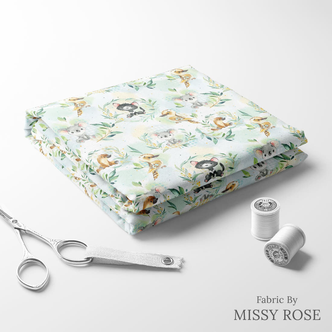 Design 1032 Aussie Babies Fabric folded fabric stack with matching thread – pre-order fabric Australia | Fabric by Missy Rose