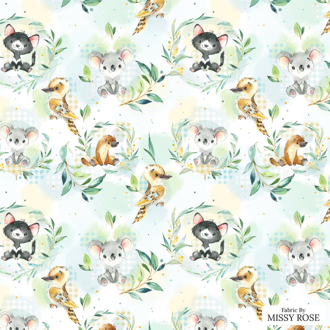 Design 1032 Aussie Babies Fabric – flat view of the print, zoom in for detail | Fabric by Missy Rose