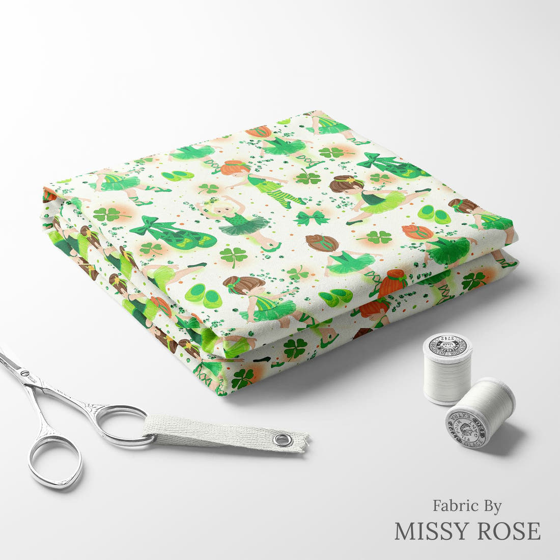 Design 1033 Irish Dance Fabric folded fabric stack with matching thread – pre-order fabric Australia | Fabric by Missy Rose