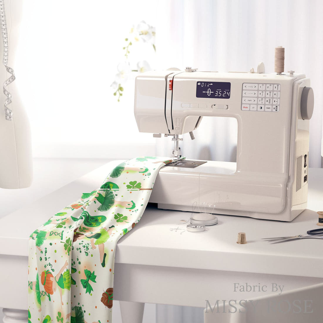 Design 1033 Irish Dance Fabric on a sewing machine – premium fabric for sewing projects | Fabric by Missy Rose