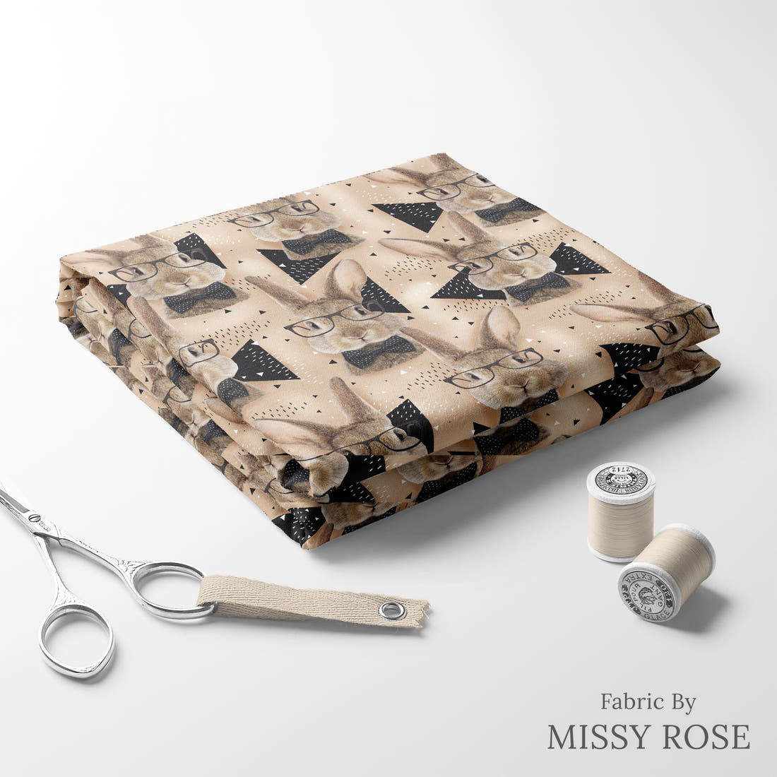 Design 1034 Neutral Bunny Fabric folded fabric stack with matching thread – pre-order fabric Australia | Fabric by Missy Rose